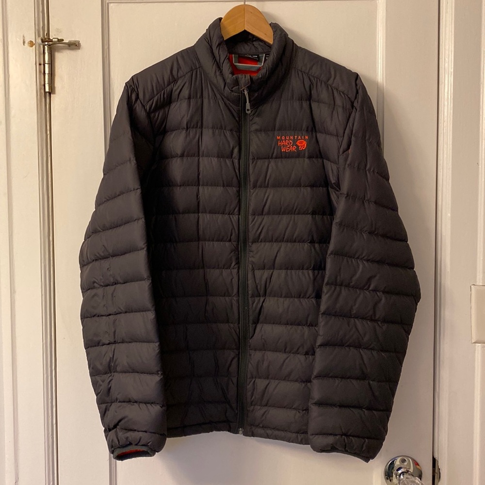 $60 - Mountain HardWear full-zip down jacket. Dark gray/orange. Men’s LARGE